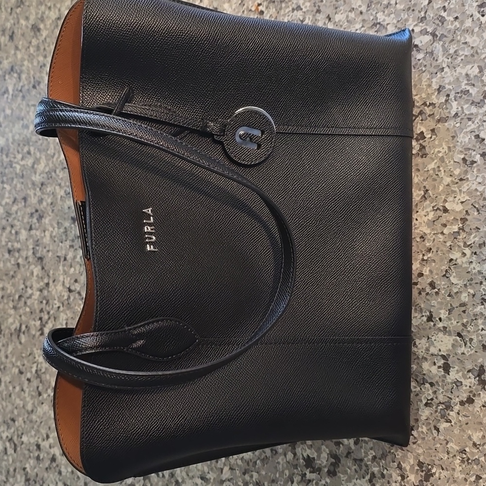 Furla Black Leather Tote with Tan Interior